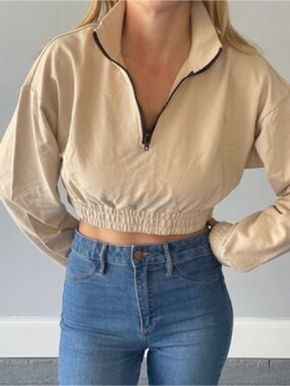 Vans Women's Cream Cropped Quarter-Zip Pullover